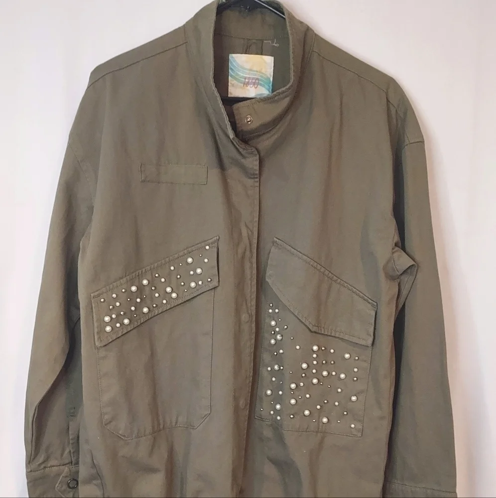 CALI 1850 Military Zara fatigue olive green oversize pearl detail jacket… - Picture 4 of 15
